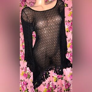 Black dress Crochet knit fringe bell sleeve butterfly 💯 silk beach sexy cover up
